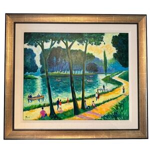 - Jean Claude Picot Signed gallery canvas Oil  painting Canotage Sur Le La…